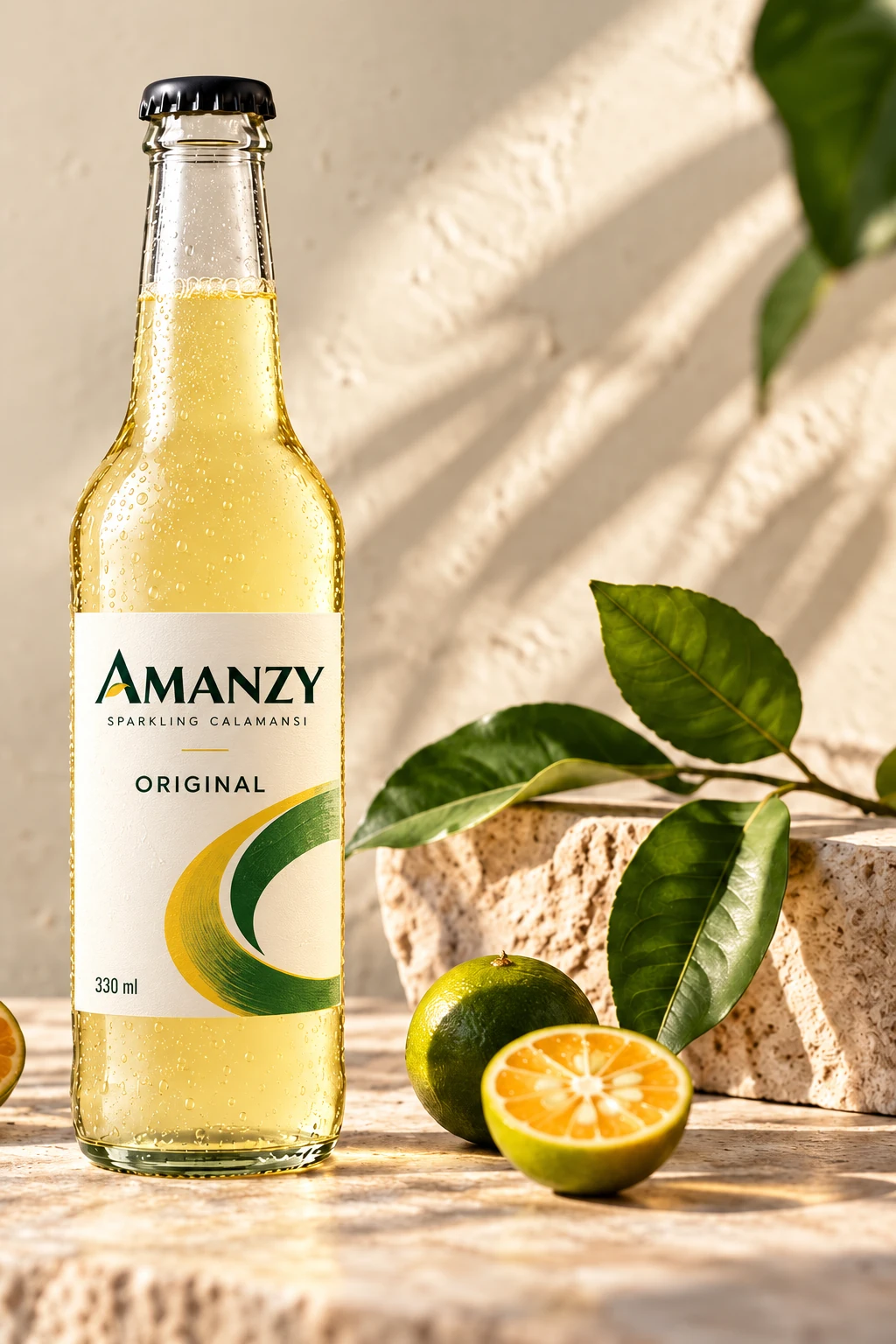 AMANZY Original bottle concept photographed on warm limestone with calamansi fruit